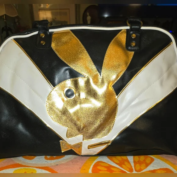 Vintage 90s Playboy Black White Gold Duffel Overnight Gym LARGE Travel Bag Class - Picture 1 of 14